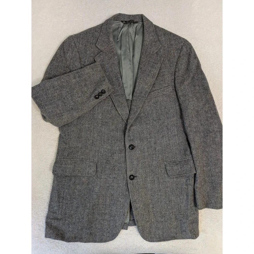 Men's VTG Joseph A Bank Blazer HARRIS TWEED SCOTTISH WOOL Gray Harringbone‎